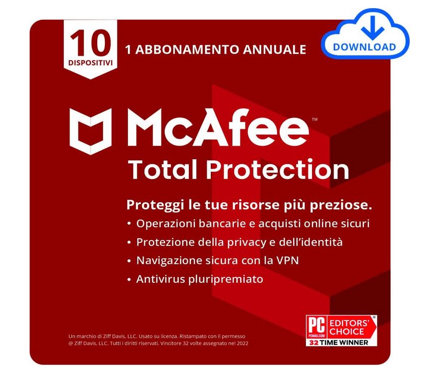 McAfee Total Protection 2022 | 10 dispositivi | Software antivirus e di sicurezza Internet | Include VPN, gestore delle password | Abbonamento di 1 anno | Codice di download