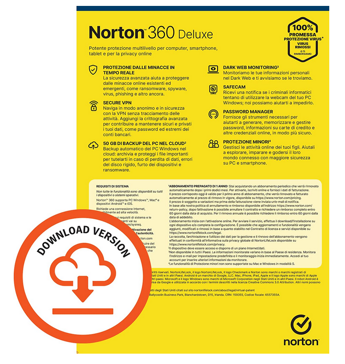 Offerta Amazon Primavera 2023: Norton 360 Deluxe per 5 dispositivi con VPN e Password Manager