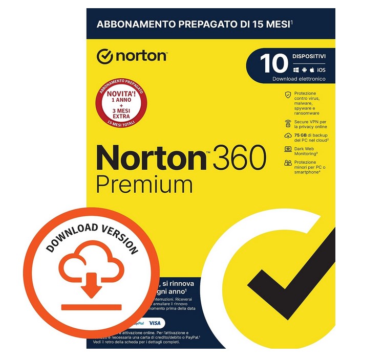 Norton 360 Premium 2023: Protezione Avanzata per 10 Dispositivi con Licenza di 15 Mesi