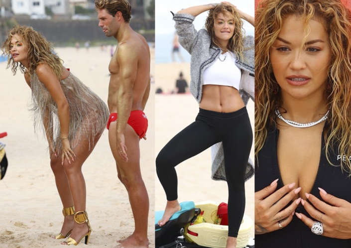Rita Ora in spiaggia, surfista sexy e glamour